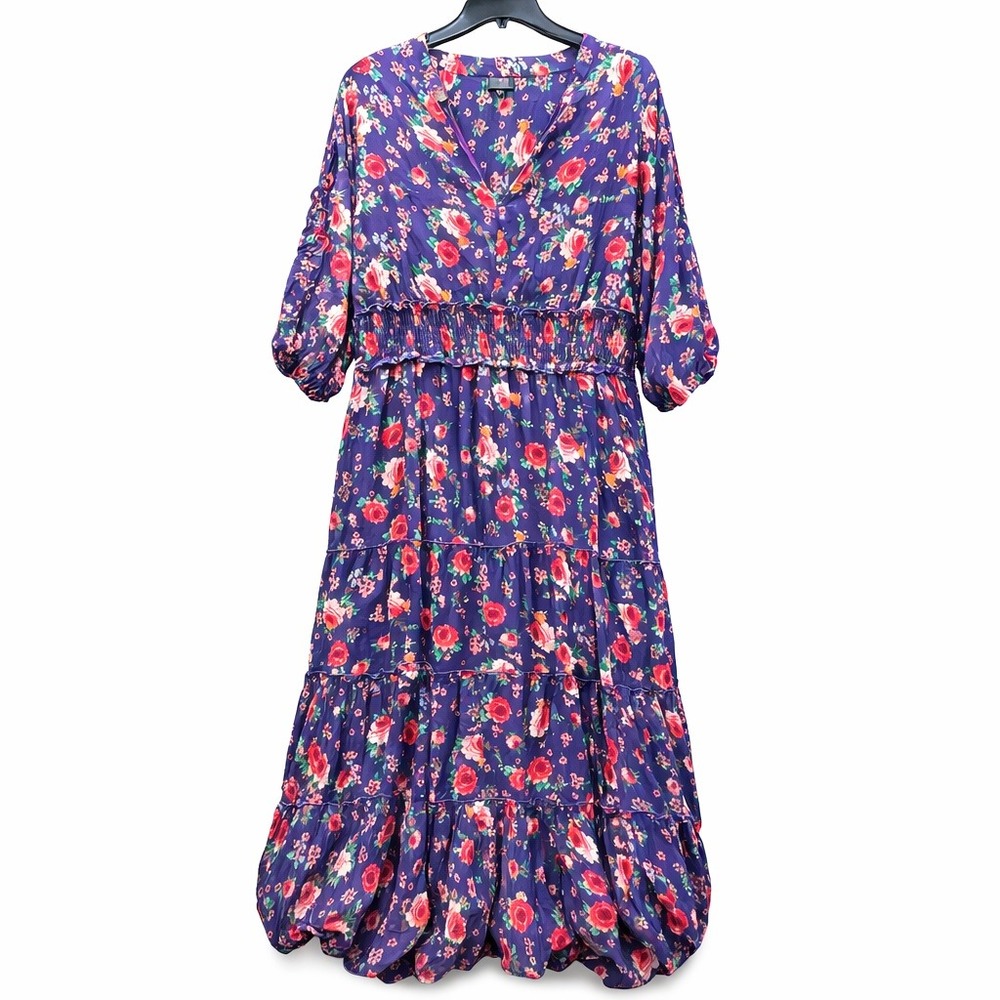 Spy Zone Exchange‎ Maxi Dress Women Large Purple Floral Smocked Tiered Boho Rose